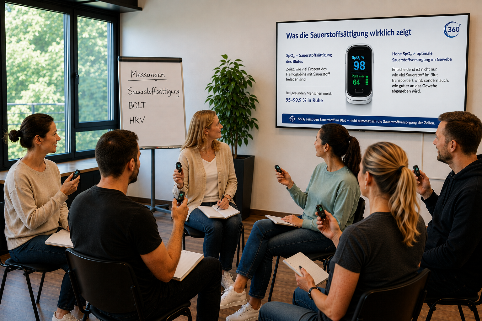 Gruppe in einem Workshop im Gespräch, im Hintergrund eine Präsentation von 360personality